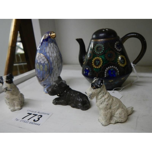 773 - A miniature Cloissonne' teapot (missing lid knob), a Cloissonne' penguin and  three metal dogs.