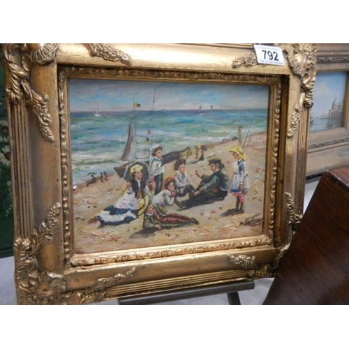 792 - An ornate gilt framed study of an Edwardian family at the seaside, 36 x 32 cm, COLLECT ONLY.