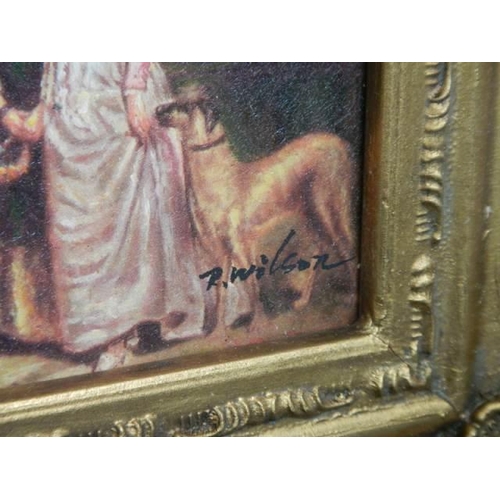 804 - A small ornate gilt framed study of a Georgian family scene, signed T Wilson, 30 x 15 cm, COLLECT ON... 