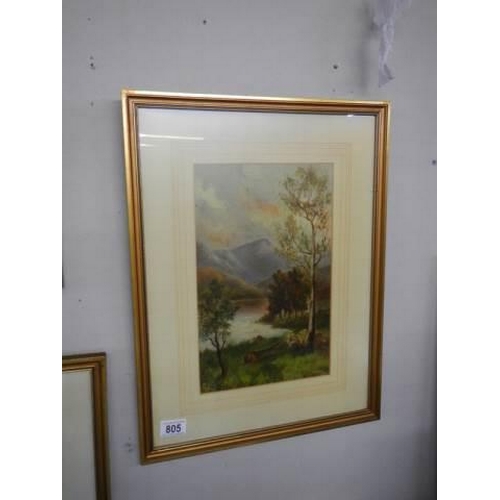 805 - A gilt framed and glazed mountain lake scene signed L Eccles?, 40 x 53 cm, COLLECT ONLY.