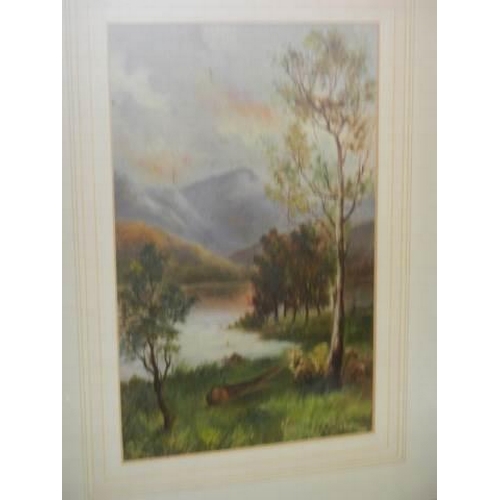 805 - A gilt framed and glazed mountain lake scene signed L Eccles?, 40 x 53 cm, COLLECT ONLY.