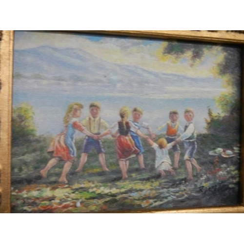 806 - A small ornate gilt framed study of children at play signed T Wilson, 30 x 15 cm, COLLECT ONLY.