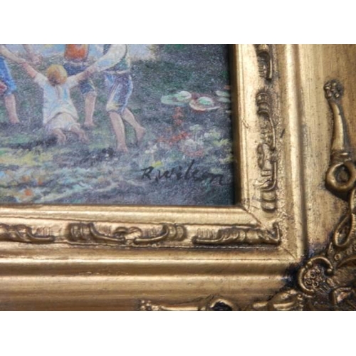 806 - A small ornate gilt framed study of children at play signed T Wilson, 30 x 15 cm, COLLECT ONLY.