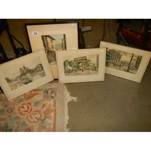 820 - A Rembrandt artist proof 'House on Props, Polperro' and three Parisian Landmark prints.