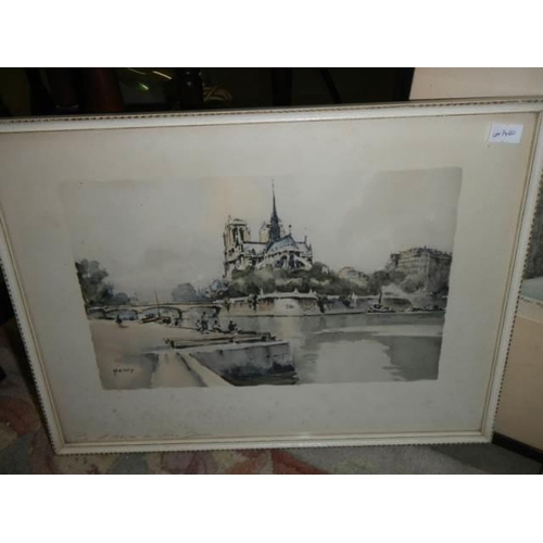 820 - A Rembrandt artist proof 'House on Props, Polperro' and three Parisian Landmark prints.