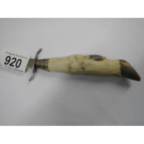 920 - A vintage taxidermy hoof handled letter opener.