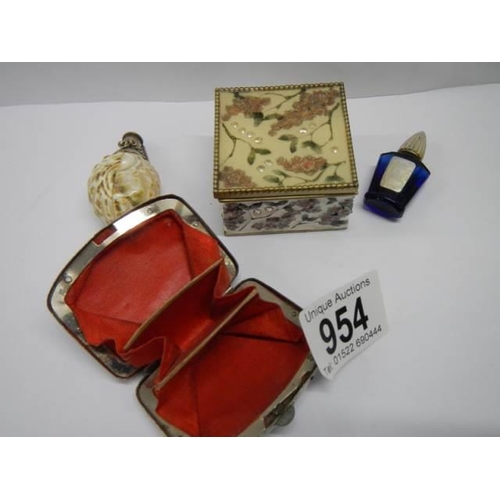 954 - Two old perfume bottles, a trinket box and a small coin purse.