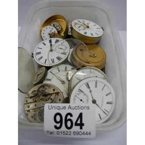 964 - A quantity of old pocket watch movements for spare or repair.