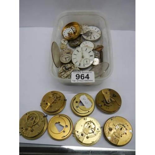 964 - A quantity of old pocket watch movements for spare or repair.