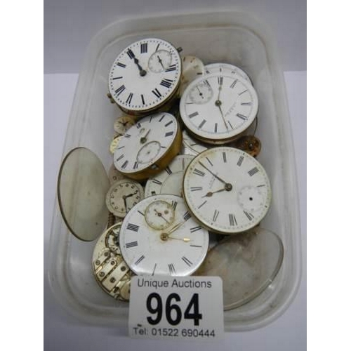 964 - A quantity of old pocket watch movements for spare or repair.