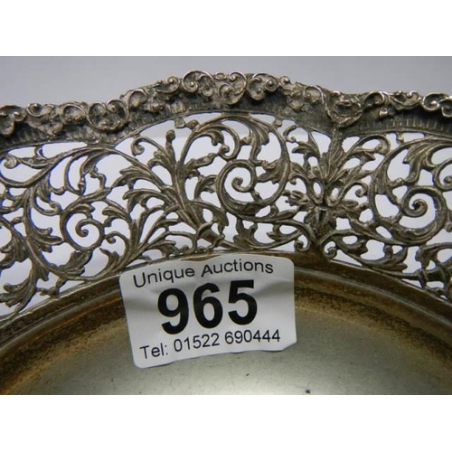 965 - An old white metal bowl with fretted rim (not marked put possibly silver).