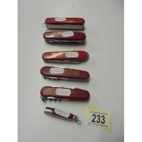 233 - Six Swiss Army style pen knives.