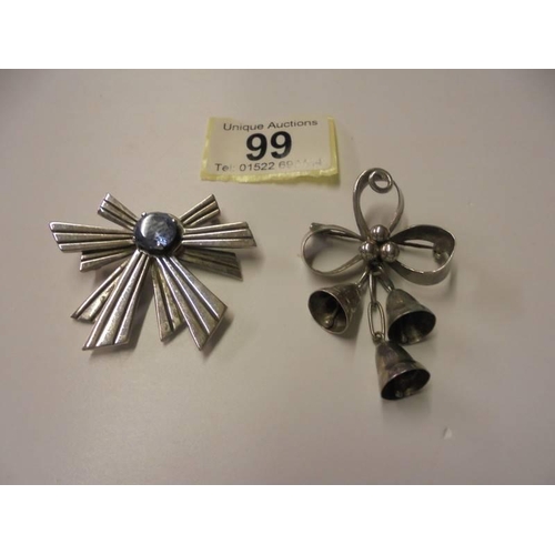 99 - Two vintage white metal brooches one stamped 925, the other stamped sterling. (possibly Scandinavian... 