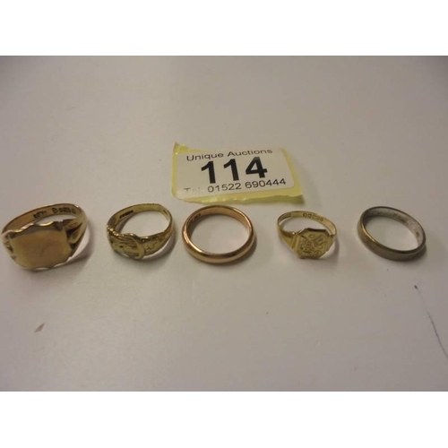 114 - Five 9ct gold rings, 12.4 grams,