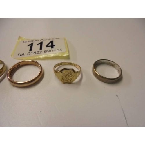 114 - Five 9ct gold rings, 12.4 grams,