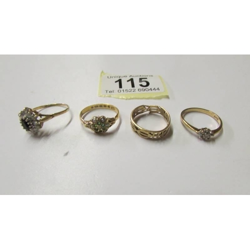 115 - Four gold rings including 1 with diamond chip, 1 set seed pearls (1 pearl missing) etc.,  8.4 grams.