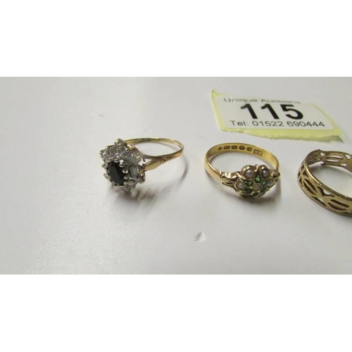 115 - Four gold rings including 1 with diamond chip, 1 set seed pearls (1 pearl missing) etc.,  8.4 grams.