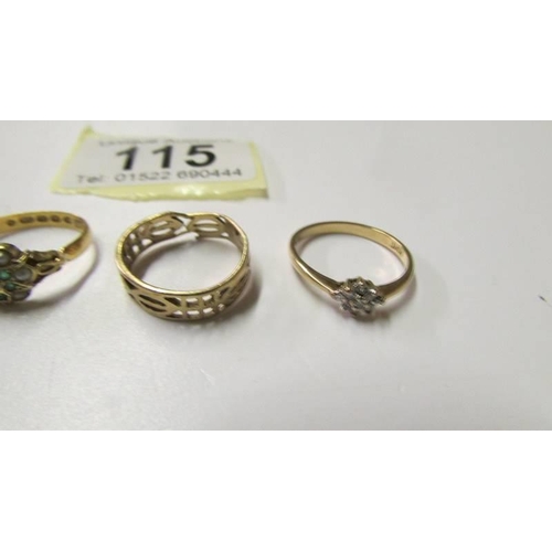 115 - Four gold rings including 1 with diamond chip, 1 set seed pearls (1 pearl missing) etc.,  8.4 grams.