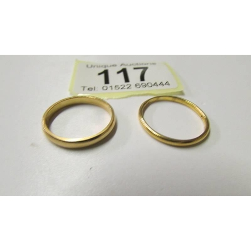 117 - Two 22ct gold wedding ring, sizes O and P, 5.8 grams.