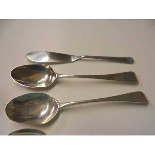 237 - A silver caddy spoon, 3 silver spoons, silver sugar nips, silver book mark, silver penknife etc.,