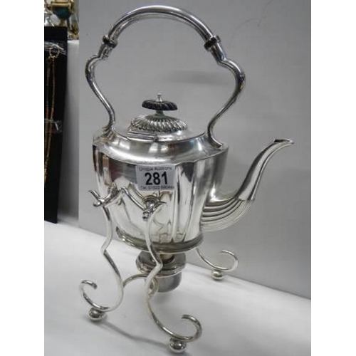 281 - A good quality early 20th century silver plate spirit kettle on stand.