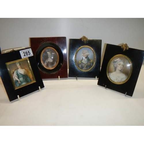 285 - Four good miniature portraits including Lord Nelson and Lady Hamilton.