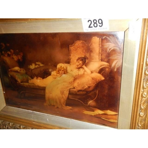 289 - A Chrystolian painting of a mother and child on a chaise longue in ornate frame (frame a/f). COLLECT... 