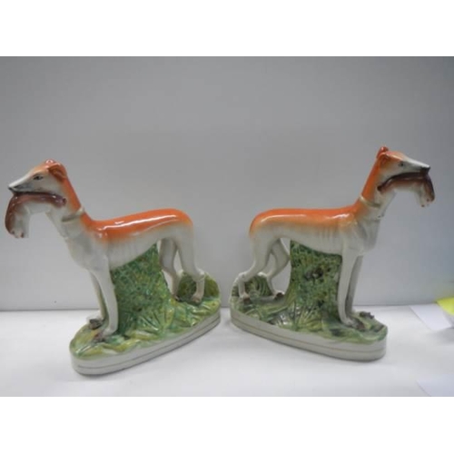 321 - A pair of 19th century Staffordshire greyhounds with hares in mouths, 28.2 cm tall.