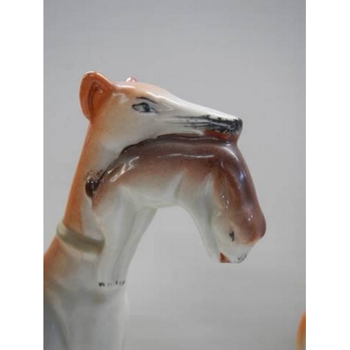 321 - A pair of 19th century Staffordshire greyhounds with hares in mouths, 28.2 cm tall.