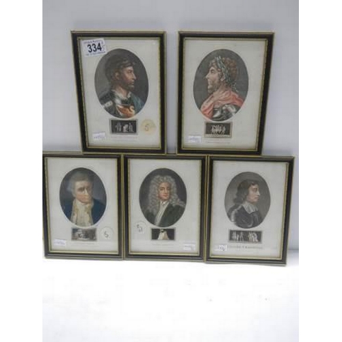 334 - A set of five framed and glazed early coloured engravings.