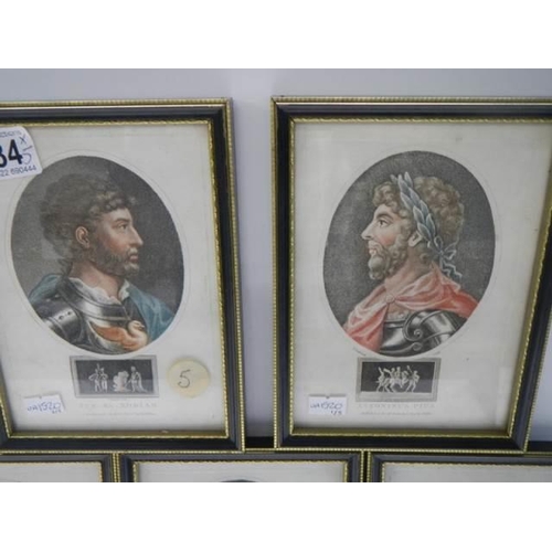 334 - A set of five framed and glazed early coloured engravings.