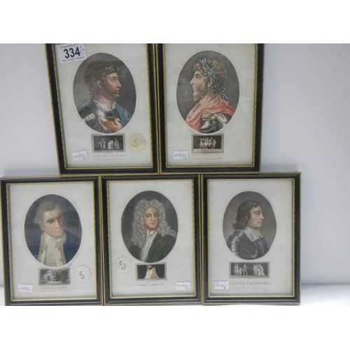 334 - A set of five framed and glazed early coloured engravings.