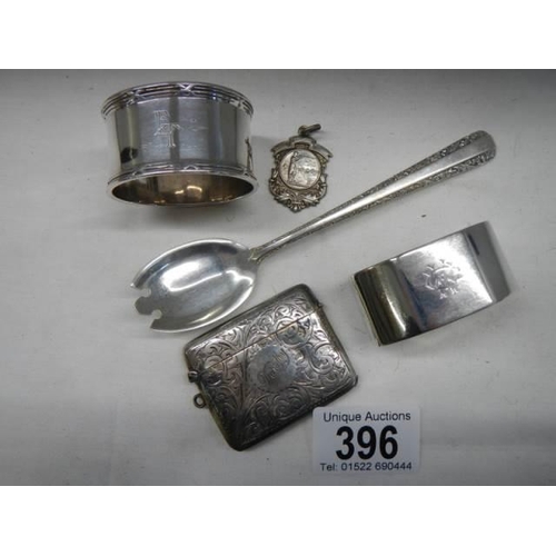 396 - Five items of silver including vesta case, spoon etc.,