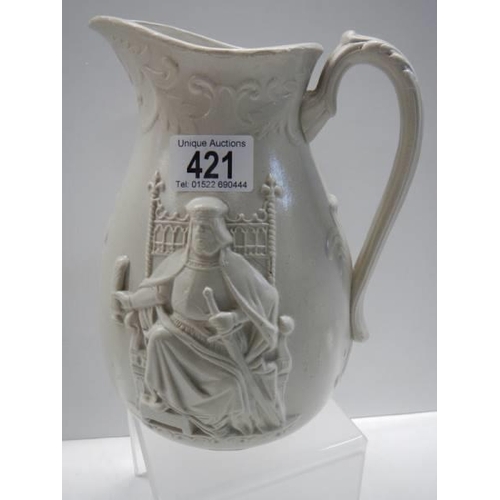 421 - An early embossed creamware jug featuring a King on a throne (possibly King Arthur), 24cm, in good c... 