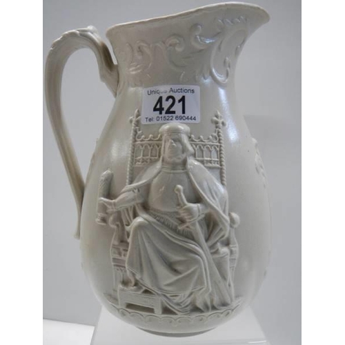 421 - An early embossed creamware jug featuring a King on a throne (possibly King Arthur), 24cm, in good c... 