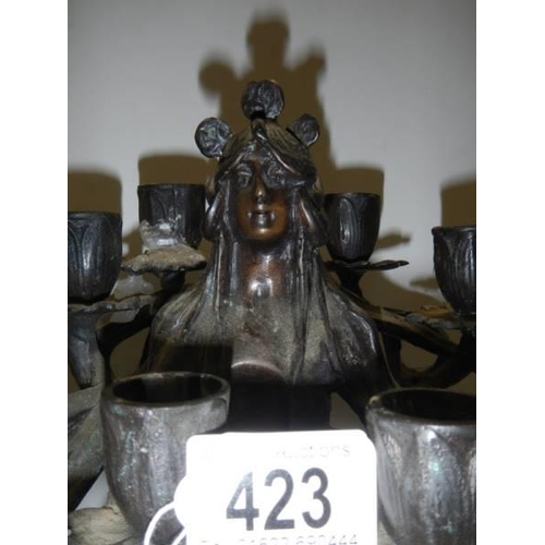 423 - A tall bronze candelabra marked Bate Paris, 46 cm.