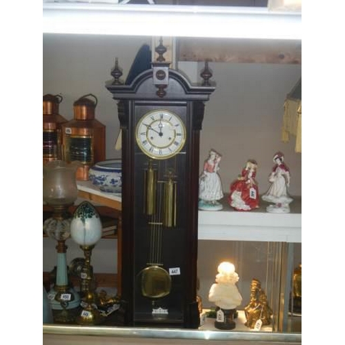 447 - A modern mahogany double weight wall clock, COLLECT ONLY.