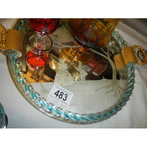 483 - A retro glass decanter with six painted glasses on a tray, COLLECT ONLY.