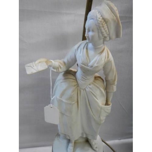 521 - An early 20th century table lamp featuring a parian figure, height to top of shade holder 90 cm, to ... 