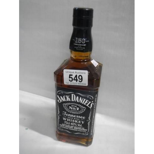 549 - A bottle of Jack Daniels Tennessee whisky.