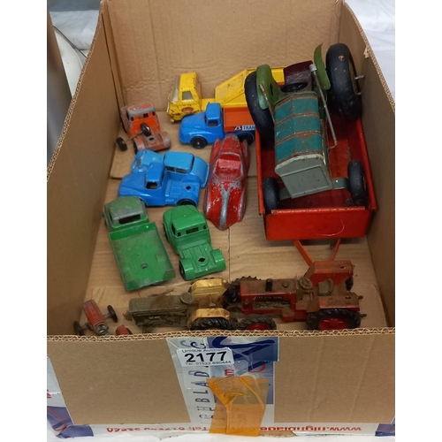 2177 - A Mettoy tinplate tractor and trailer plus a quantity of diecast tractors Lone Star and Tonka lorrie... 