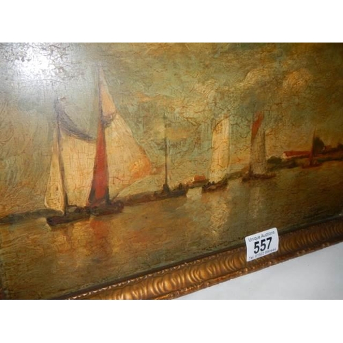 557 - An early seascape painting on wood, signed but indistinct.