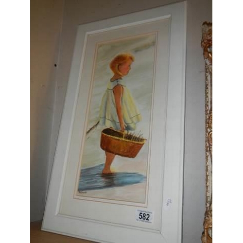 582 - A framed and glazed watercolour of a young girl with a basket COLLECT ONLY.