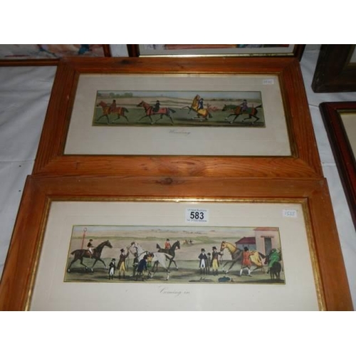 583 - A pair of framed and glaze studies of racehorses,  Frame 51 x 30 cm, Images 33 x 9 cm. COLLECT ONLY.