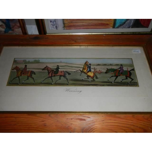 583 - A pair of framed and glaze studies of racehorses,  Frame 51 x 30 cm, Images 33 x 9 cm. COLLECT ONLY.