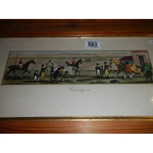 583 - A pair of framed and glaze studies of racehorses,  Frame 51 x 30 cm, Images 33 x 9 cm. COLLECT ONLY.