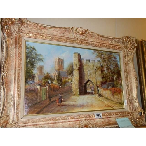 585 - An oil on canvas Lincoln scene signed Gordon Lees, Frame 68 x 47 cm, Image 49 x 29 cm. COLLECT ONLY.