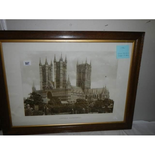 587 - A framed and glazed picture of Lincoln Cathedral, Frame 86 x 65 cm, image 57 x 40 cm, COLLECT ONLY.