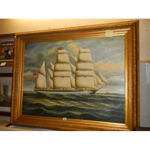 590 - A gilt framed oil on canvas painting of a tall ship, un-signed, Frame 142 x 112 cm, image 120 x 89 c... 