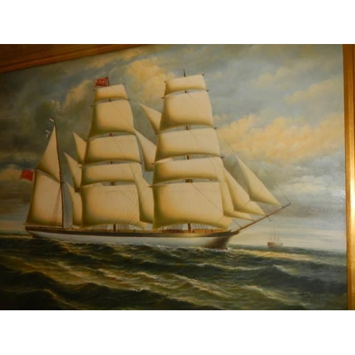 590 - A gilt framed oil on canvas painting of a tall ship, un-signed, Frame 142 x 112 cm, image 120 x 89 c... 